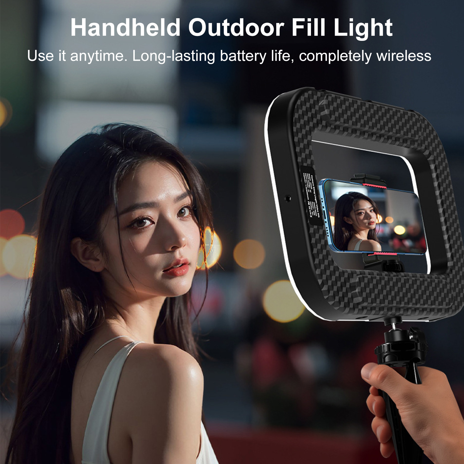 Photography Lighting Accessories - ไฟโทรศัพท์มือถือแบบชาร์จได้ พร้อมที่จับโทรศัพท์สำหรับบันทึกวิดีโอ ไฟเซลฟี่แบบวงแหวน