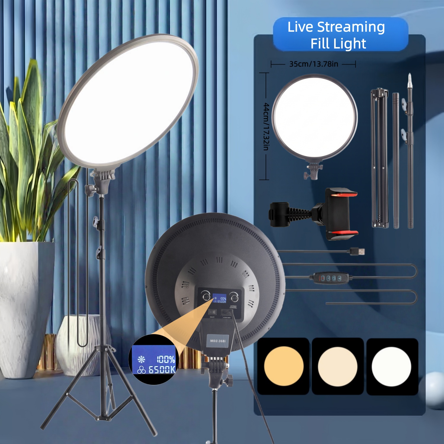 Photography Lighting Studio - ไฟเติมแสงสำหรับไลฟ์สตรีมมิ่งแบบเต็มจอ ขนาด 14 นิ้ว ไม่มีเงา ไฟสตูดิโอระดับมืออาชีพสำหรับห้องไลฟ์สด